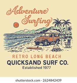 vetor de surf de aventura. praia longa retrô Desenho de mão vintage . verão gráfico tee. meninas moda design. montanha lado no mar com palmeira e fogueira. tropical vintage retro gráficos. verão 