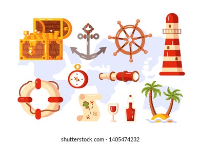 Adventure symbols set vector illustration. Treasure chest anchor lighthouse compass map spyglass lifebuoy bottle of rum palm tree and steering wheel signs flat style concept
