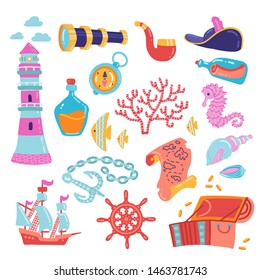 Adventure symbols set vector illustration. Treasure chest anchor lighthouse compass map spyglass bottle of rum and steering wheel signs flat hand drawn kid style concept.