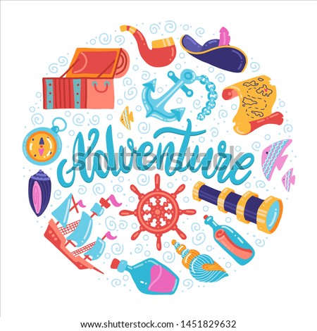 Adventure symbols set vector illustration. Treasure chest anchor lighthouse compass map spyglass bottle of rum and steering wheel signs flat hand drawn kid style concept.