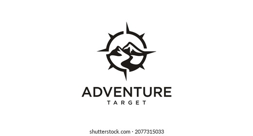 adventure target logo icon with combination compass and mountain . Premium Logo Vector