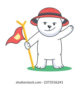 Adventure teddy bear holding a flag, flat sticker 