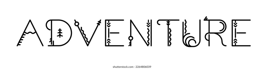Adventure. Text logo. Adventure typography design for t-shirt, tee, poster, banner, card. Vector black and white illustration. Hand drawn lettering typography text. Adventure travel logo for print.