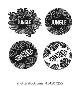 adventure theme emblems set with "jungle" lettering, vector graphic art shapes, retro style badge design logos, illustration isolated on white background.