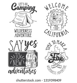Adventure theme monochrome labels set with hand drawn illustrations of tourist tent, bear, backpack, axes. Isolated on white background.