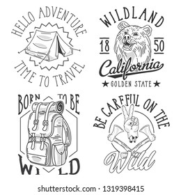 Adventure theme monochrome labels set with hand drawn illustrations of tourist tent, bear, backpack, axes. Isolated on white background.