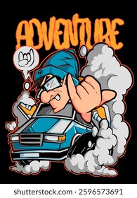 Adventure themed t-shirt design symbolized by a character traveling using a car