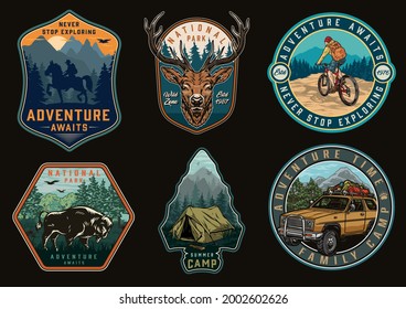 Adventure time and camping vintage labels with travel car cyclist traveler bison deer head man riding horse and tourist tent inside arrowhead silhouette isolated vector illustration