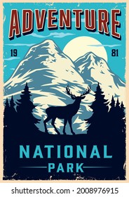 Adventure time colorful poster with deer and forest silhouettes on mountains landscape in vintage style vector illustration