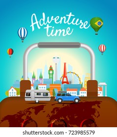 Adventure time concept with lettering logo. Vector travel illustration 
