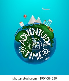 Adventure time concept. Vector travel illustration with different famous sights and vehicles