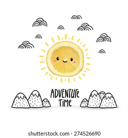 Adventure time - cute doodle illustration with mountains and lemon sun