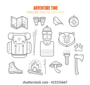 Adventure time. - Flat line camping icon collection
explore, dream, discover