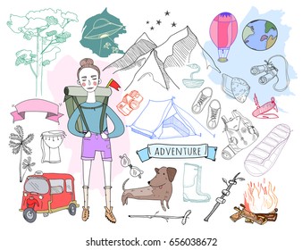 Adventure time. Hand drawn colored doodle vector set. Isolated elements
