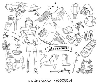 Adventure time. Hand drawn doodle vector set. Isolated elements