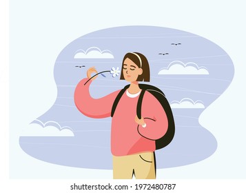 Adventure time. Love nature and traveling concept.  Young cute girl girl enjoying life