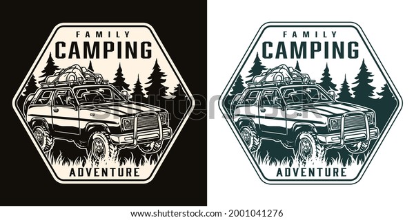 Adventure time monochrome vintage badge with\
travel car with tourist baggage on roof on forest landscape\
isolated vector\
illustration