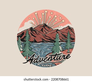 Adventure time, Mountain vibes vector graphic print design for apparel, sticker, poster, background and others. Wild lake t-shirt artwork print design.