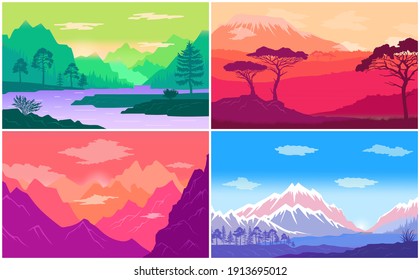 Adventure time, multicolored poster with beautiful landscapes. Road travel around the world. Active lifestyle, outdoors sports recreation and extreme sport. Travelling people and leisure at nature