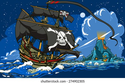 Adventure Time - Pirate Ship Sailing to Skull Island Vector Illustration