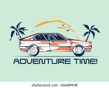 Adventure time poster with retro vehicle, palms and sunrise vector illustration. Let's travel concept