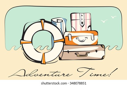 Adventure time retro card. Travel luggage ready for a trip