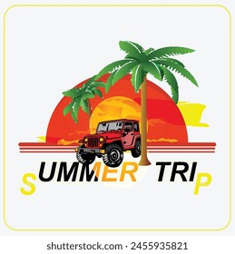adventure time summer fun concept. Vintage red jeep adventure time , retro jeep, with sunset  and palm trees on background
