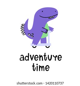 Adventure time. Vector illustration of a dinosaur on a scooter. Cartoon style.