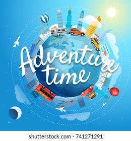 Adventure time vector illustration. Travel concept with lettering logo