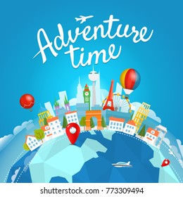 Adventure time vector illustration. Travel concept with lettering logo