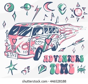 Adventure time vector poster. Hippie car, mini van with different symbols. Retro colors. Psychedelic concept.  Vector illustration for summer holiday, travel agency, beach vacation and party.