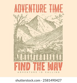 Adventure time vector print design. Mountain camping. Adventure at the mountain graphic artwork for t shirt, Mountain with tree vintage print design. Great outdoor, Mountain forest club