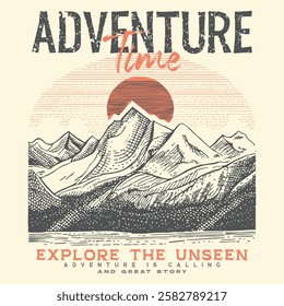 Adventure time vector print design. Mountain camping. Adventure at the mountain graphic artwork for t shirt, Mountain with tree vintage print design. Great outdoor, Mountain forest club.