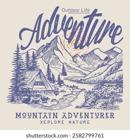 Adventure time vector print design. Mountain camping. Adventure at the mountain graphic artwork for t shirt, Mountain with tree vintage print design. Great outdoor, Mountain forest club.retro