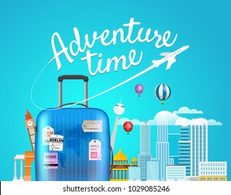 Adventure time. Vector travel illustration with the handbag