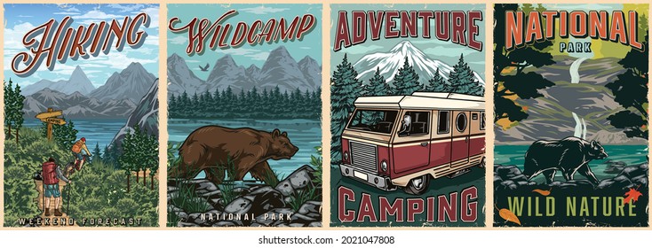 Adventure time vintage colorful posters with hiker and cyclist travelers motorhome bears walking on river coast forest mountains small waterfall nature landscapes vector illustration