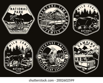 Adventure time vintage monochrome badges with traveler riding bicycle travel car and bus walking bear deer moose on nature landscapes isolated vector illustration