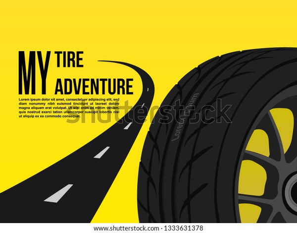 Adventure tire car poster or banner.\
Car wheels and tires yellow background. Vector\
illustration
