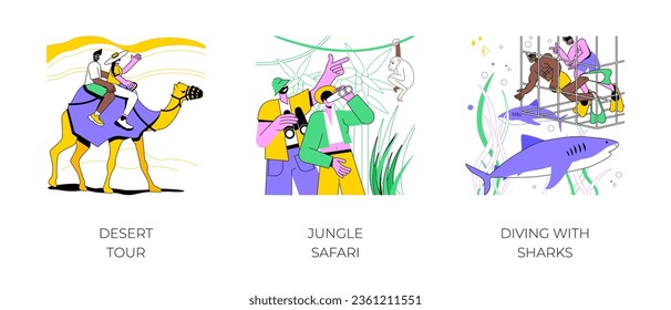 Adventure tour isolated cartoon vector illustrations set. Desert trip, couple riding a camel, jungle safari, explore wildlife, diving in a cage to see sharks, travel agency service vector cartoon.