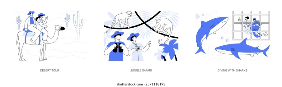 Adventure tour isolated cartoon vector illustrations set. Desert trip, couple riding a camel, jungle safari, explore wildlife, diving in a cage to see sharks, travel agency service vector cartoon.