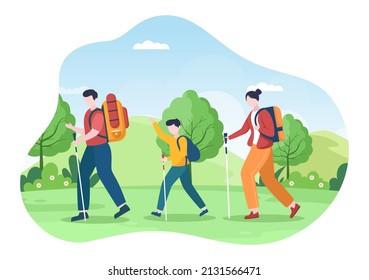 Adventure Tour on the Theme of Climbing, Trekking, Hiking, Walking or Vacation with Forest and Mountain Views in Flat Nature Background Poster Illustration