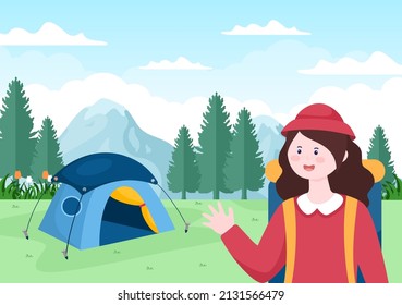 Adventure Tour on the Theme of Climbing, Trekking, Hiking, Walking or Vacation with Forest and Mountain Views in Flat Nature Background Poster Illustration