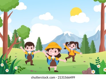 Adventure Tour on the Theme of Climbing, Trekking, Hiking, Walking or Vacation with Forest and Mountain Views in Flat Nature Background Poster Illustration