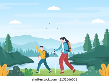 Adventure Tour on the Theme of Climbing, Trekking, Hiking, Walking or Vacation with Forest and Mountain Views in Flat Nature Background Poster Illustration