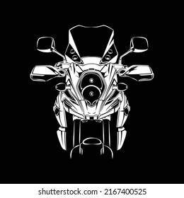 Adventure Touring Motorcycle Silhouette Front View on Black Background. Can be used for printed on Motorcycle Club t-shirt, background, banner, posters, web, etc.