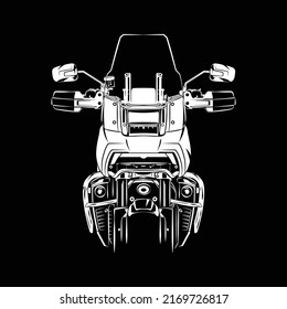 Adventure Touring Motorcycle Silhouette Front View On Black Background. Can Be Used For Printed On Motorcycle Club T-shirt, Background, Banner, Posters, Web, Etc.