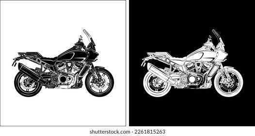 Adventure Touring Motorcycle Silhouette Side View on Black and White Background. Can be used for printed on Motorcycle Club t-shirt, background, banner, posters, web, etc.