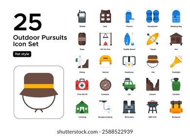 Adventure Tourism and Exploration. Nature Travel, Wilderness, and Camping Gear. Vector Illustration. Flat icon set