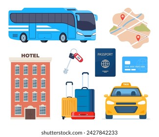 Turismo de aventura, viajes al extranjero, vacaciones de verano elementos de diseño decorativo. Conjunto de iconos de viaje. Transporte, hotel, equipaje, aeropuerto. cóctel, palma. Ilustración de vector