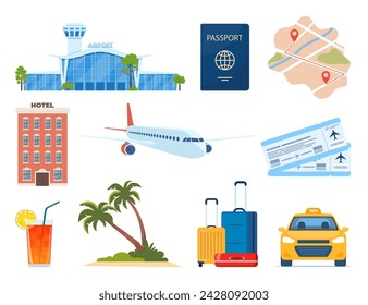 Adventure tourism, travel abroad, summer vacation trip decorative design elements. Set of travel icons. Transport, hotel, baggage, airport. cocktail, palm. Vector illustration